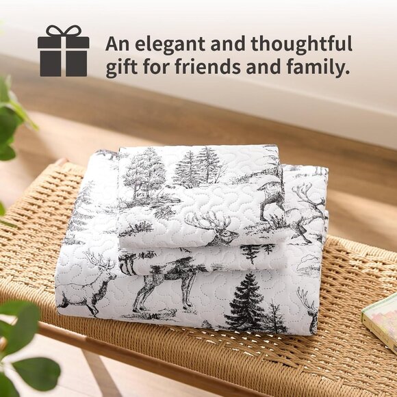 2-Piece Lodge Bed Cover Quilt with 1 Pillow Sham for All Season, White & Black - Picture 7 of 7